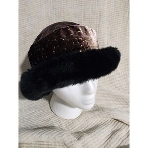 Velvet Faux Fur Trim Hat Black Gold One Size Made‎ in USA Winter Warm Elegant